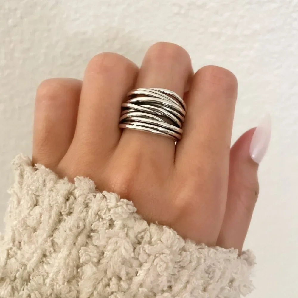 925 Sterling Silver Chunky Ring Thick Wide Ring Band Multi Layer Vintage Ring - Picture 2 of 13